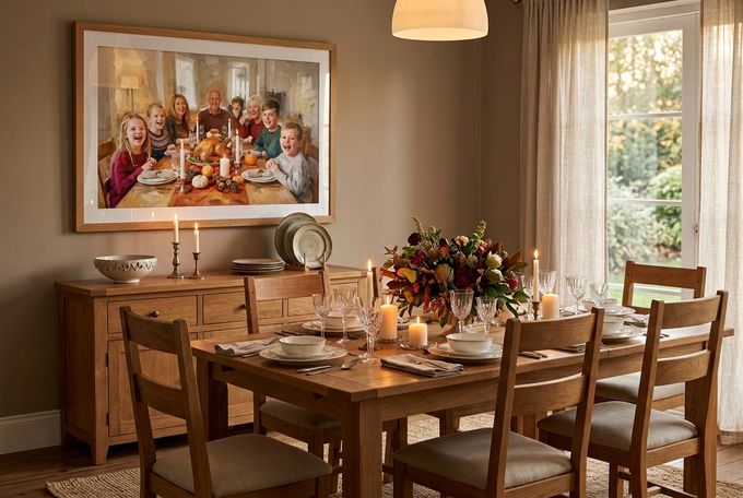 a dining room table with candles on it