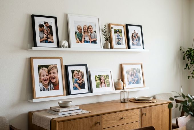a wall with pictures and pictures on it