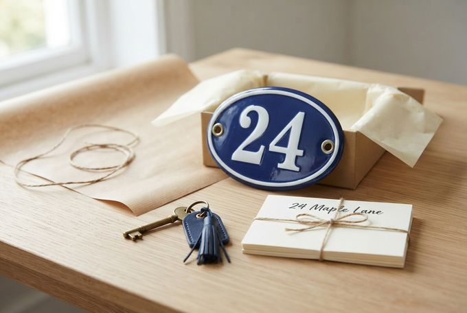 Put Their Address on Something Lovely Enamel house number plate, tasseled key tag, and address notecards laid out beside a gift box on a wooden table.