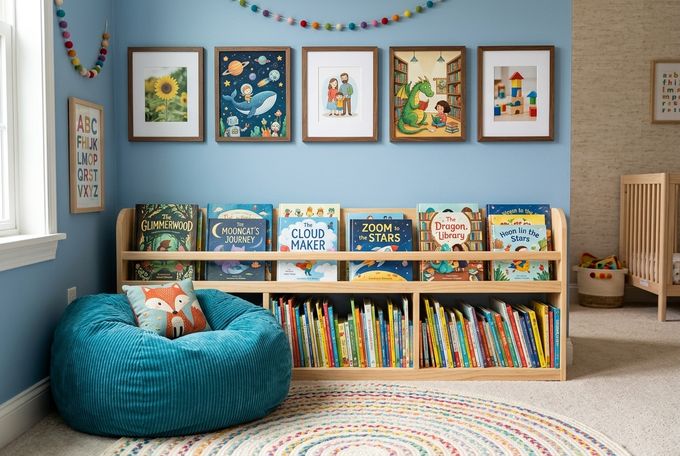 A reading corner with a low bookshelf, beanbag, and walnut frames alternating with illustrated book cover prints.