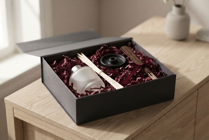 Reed Diffuser Housewarming Gift Open gift box holding a reed diffuser and a stone incense holder on a console table.