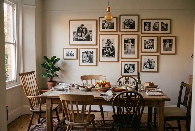 a dining room table with a bowl of fruit on it