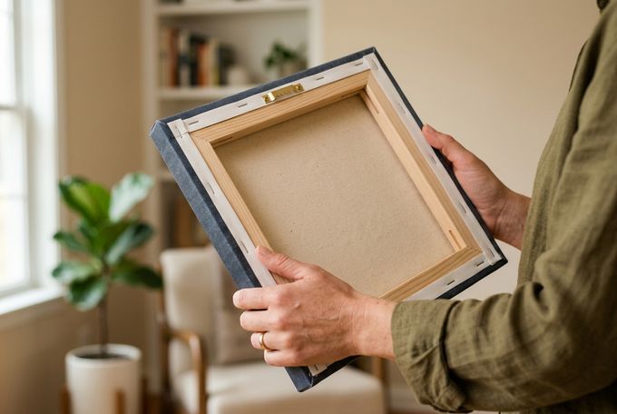 a man holding a wrapped canvas picture in his hands