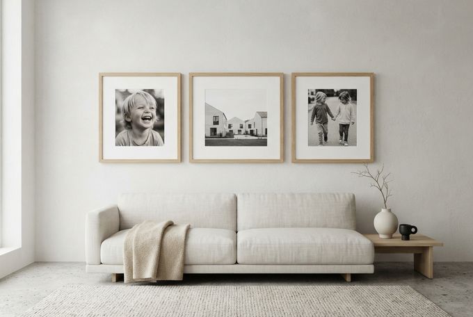 a living room with a couch and three pictures on the wall