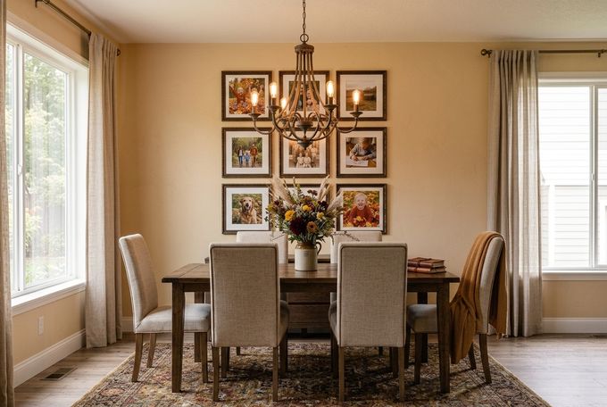 a dining room with a chandelier and pictures on the wall