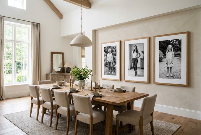 a dining room table with chairs and pictures on the wall