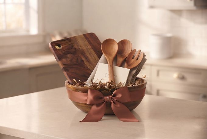 Wooden Kitchenware Housewarming Gift Wooden chopping board, salad bowl, and utensils on a bright kitchen counter.