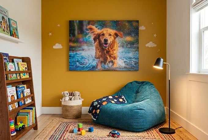 Large frameless wrapped canvas of a dog mid-shake on a mustard accent wall above a teal beanbag