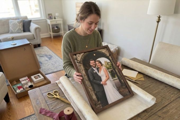 A woman wrapping up a wedding portrait in a frame.