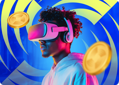 a man wearing a virtual reality headset and a coin