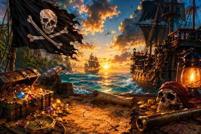 a painting of a pirate ship in the ocean