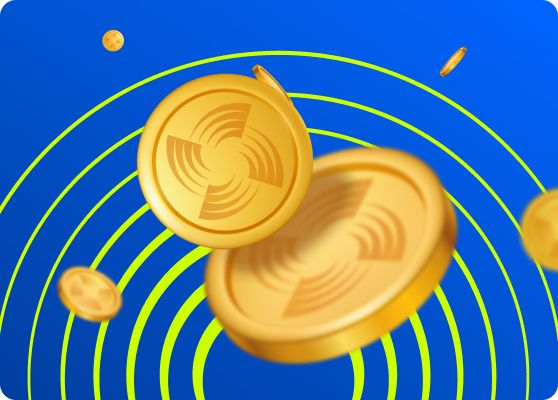 a blue background with some gold coins in it