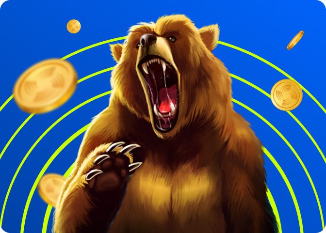 a bear with its mouth open and a bunch of gold coins around him