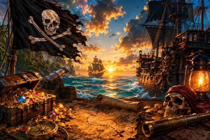 a painting of a pirate ship in the ocean