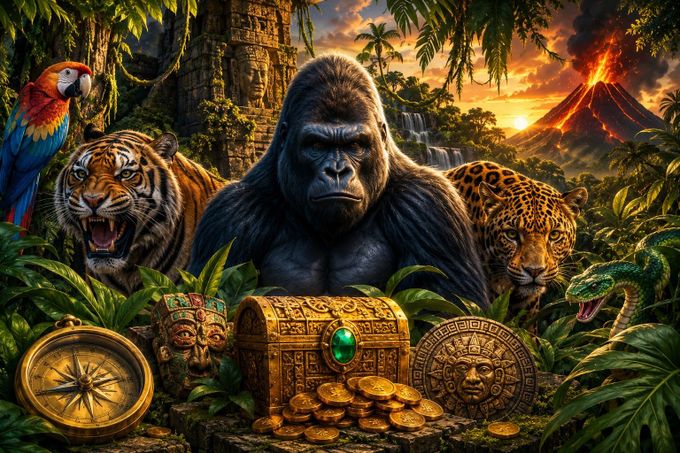 a painting of a gorilla, tiger, and other animals in the jungle