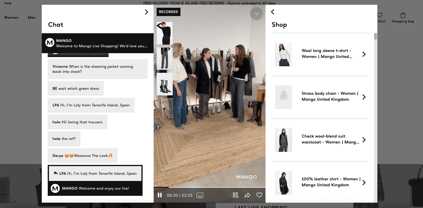 Screenshot of an live online shopping experience.