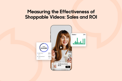 Smartphone screen depicting shoppable video with female e-commerce seller surrounded by sales analytics graphs