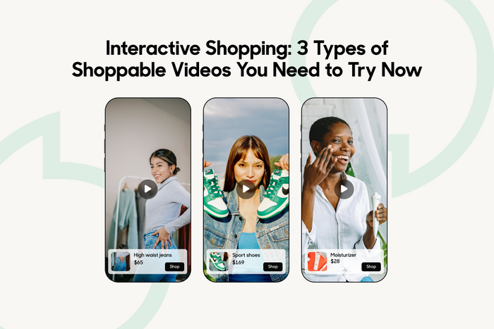 3 mobile phones displaying full screen videos of product demos for jeans, shoes, and cosmetics. Each video has a button displaying product information and an add to cart button.
