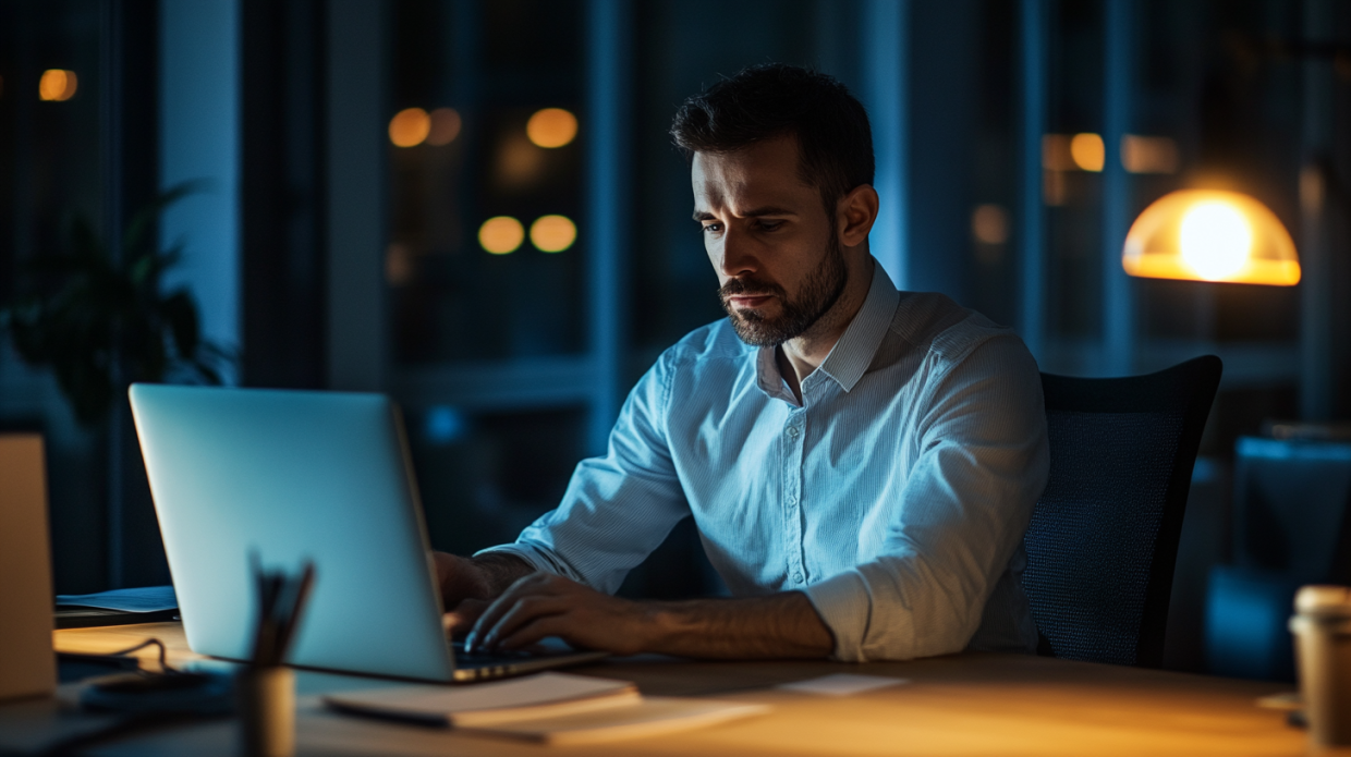a man sitting in front of a laptop