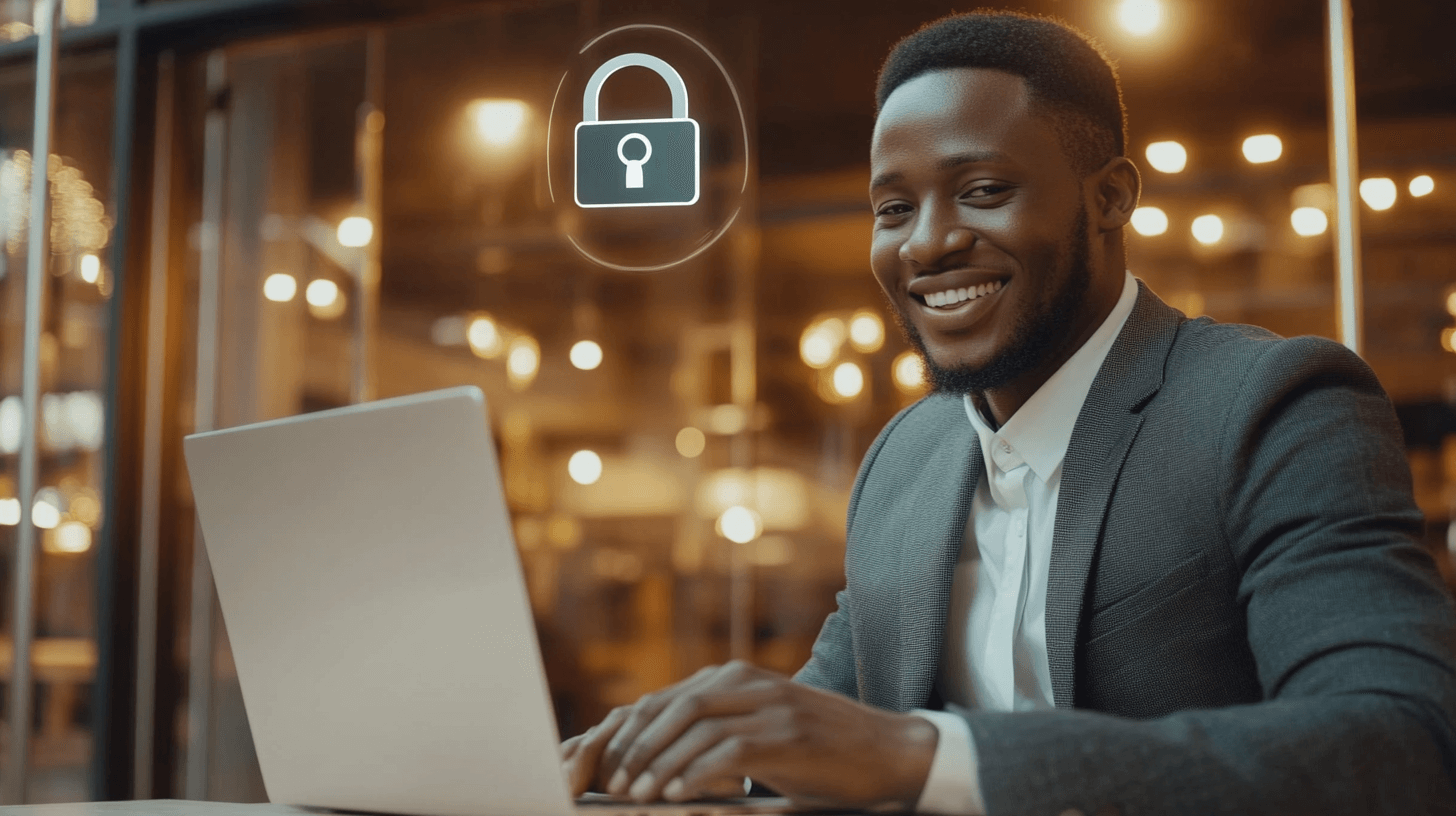 Cybersecurity professional smiling while working on a laptop in an office