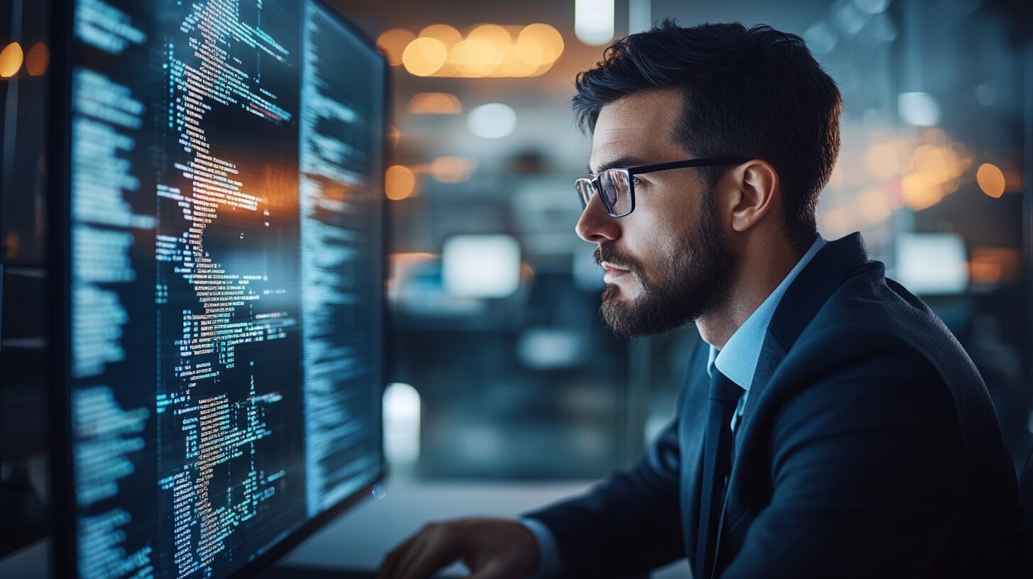 A man at a computer conducting pen testing for SOC 2 compliance.