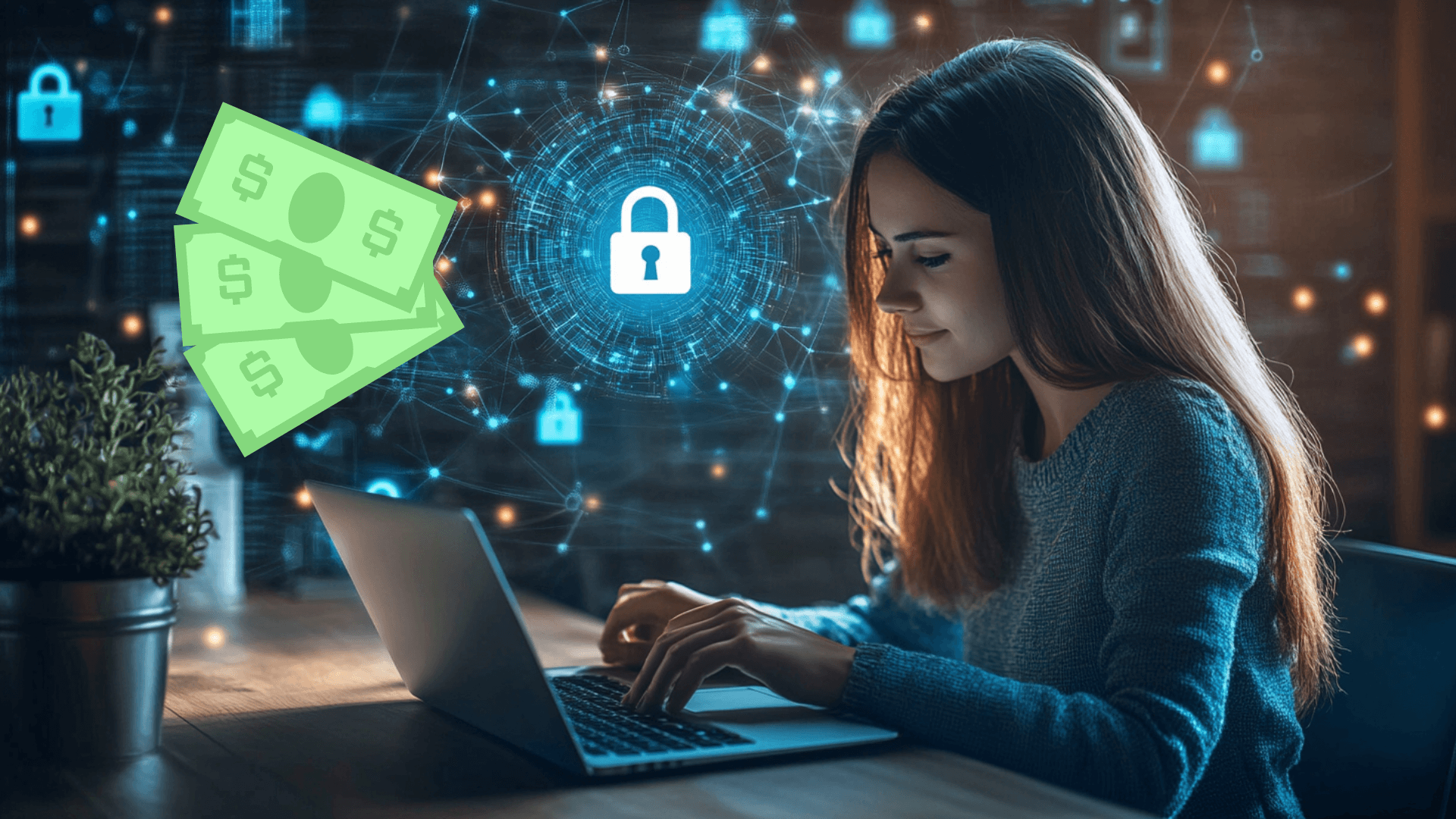 Cybersecurity professional sitting in an office working on a laptop with dollar bills floating next to her