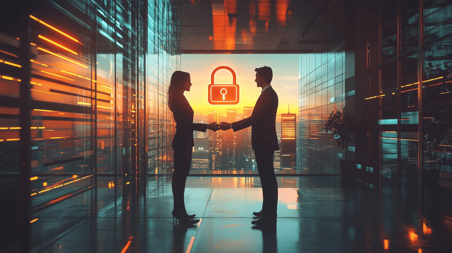 Cybersecurity professional shaking hands with a business owner in an office with a lock above them