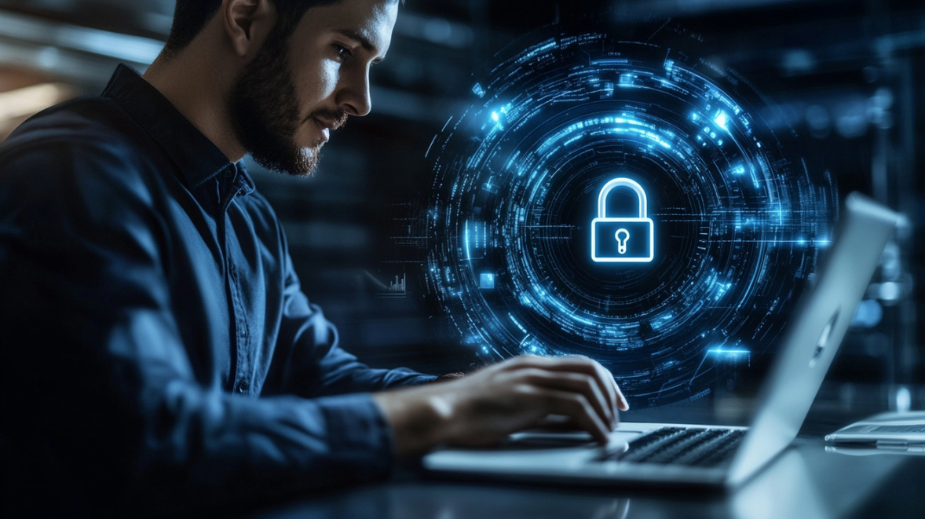 a man working on a laptop with a padlock on the screen