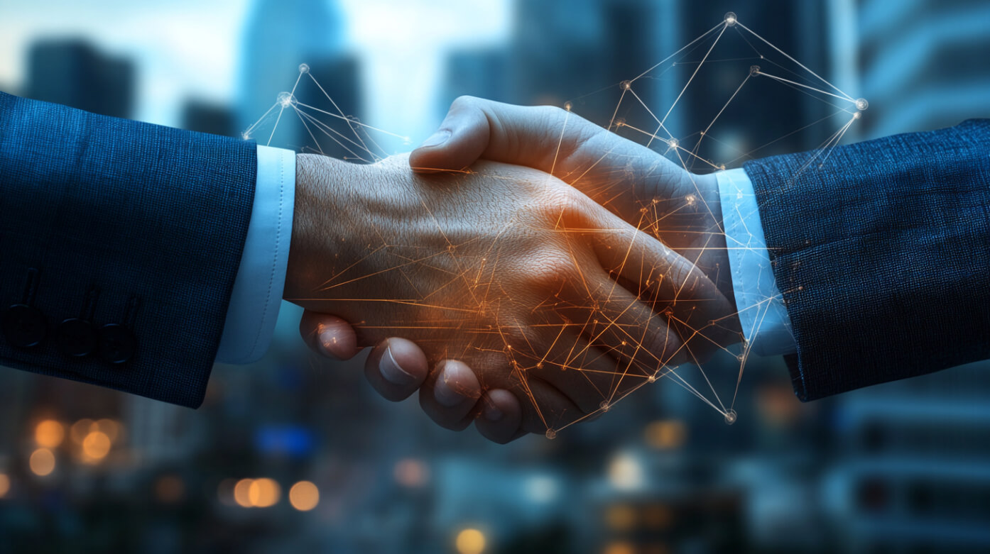 two people shaking hands over a cityscape