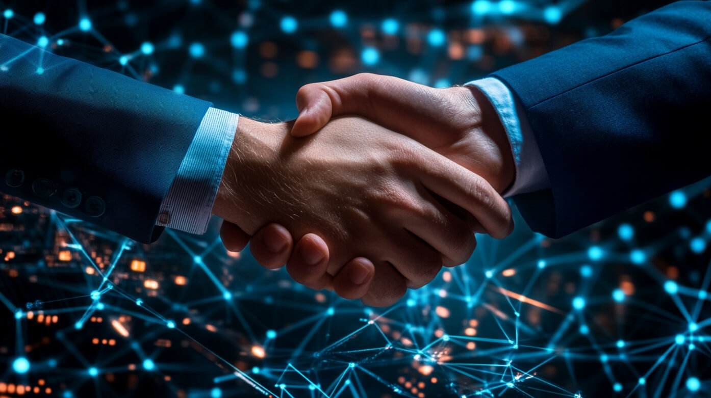 two people shaking hands in front of a network