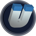 a blue and white logo with the letter u on it