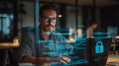 a man sitting at a desk with a laptop in front of him
