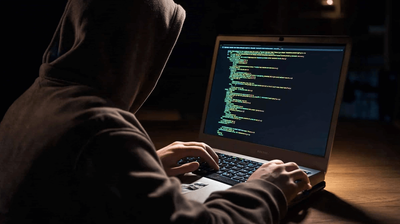 Cybersecurity professional in a hood sitting at a desk working on a laptop writing lines of code