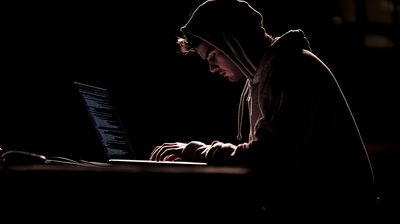 Cybersecurity expert in a hooded sweatshirt working frantically on a laptop during a gray box penetration test