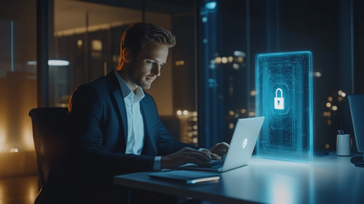 A cybersecurity professional sitting in front of a laptop computer