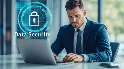 A cybersecurity expert sitting in front of a laptop in an office with the words "data security" floating next to him