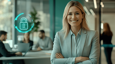 Smartly dressed cybersecurity professional standing in an office with her arms folded