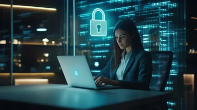 a woman sitting in front of a laptop computer