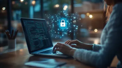 a woman typing on a laptop with a padlock on the screen