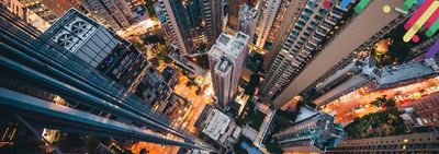 an aerial view of a city at night