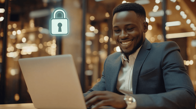 Cybersecurity professional sitting in an office working on a laptop