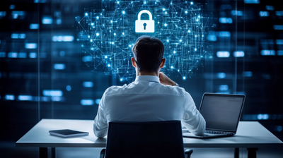 a man sitting at a desk in front of a laptop computer with a padlock