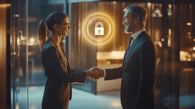 Cybersecurity professional shaking hands with a business owner with a floating lock above them