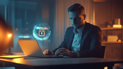 Cybersecurity expert sitting in front of a laptop computer