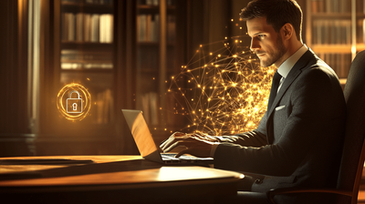 Cybersecurity professional sitting in front of a laptop computer with a lock hologram next to him