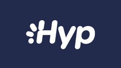 a white hyp logo on a blue background