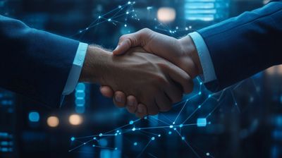 two people shaking hands in front of a cityscape