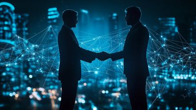 two men shaking hands in front of a cityscape