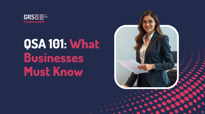 a woman in a business suit with the words qsa 101 what businesses must know