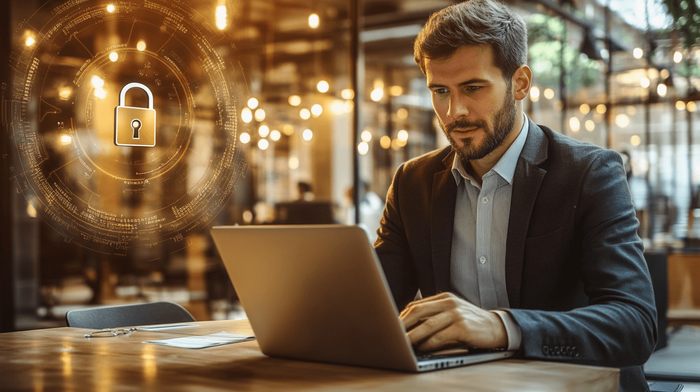 Cybersecurity professional sitting in front of a laptop computer with a floating lock near his head